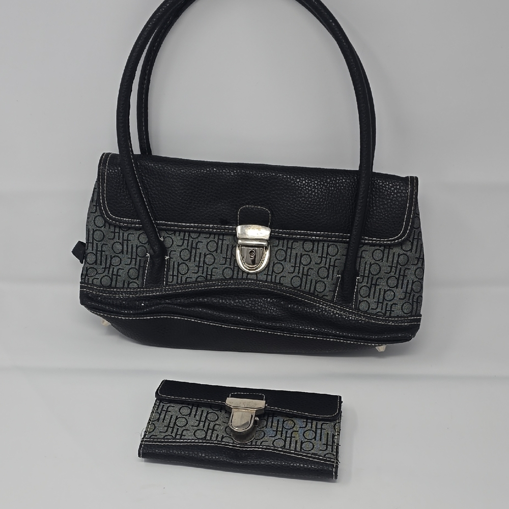 Daisy Fuentes Black and Gray Monogram Shoulder Bag with Matching Wallet